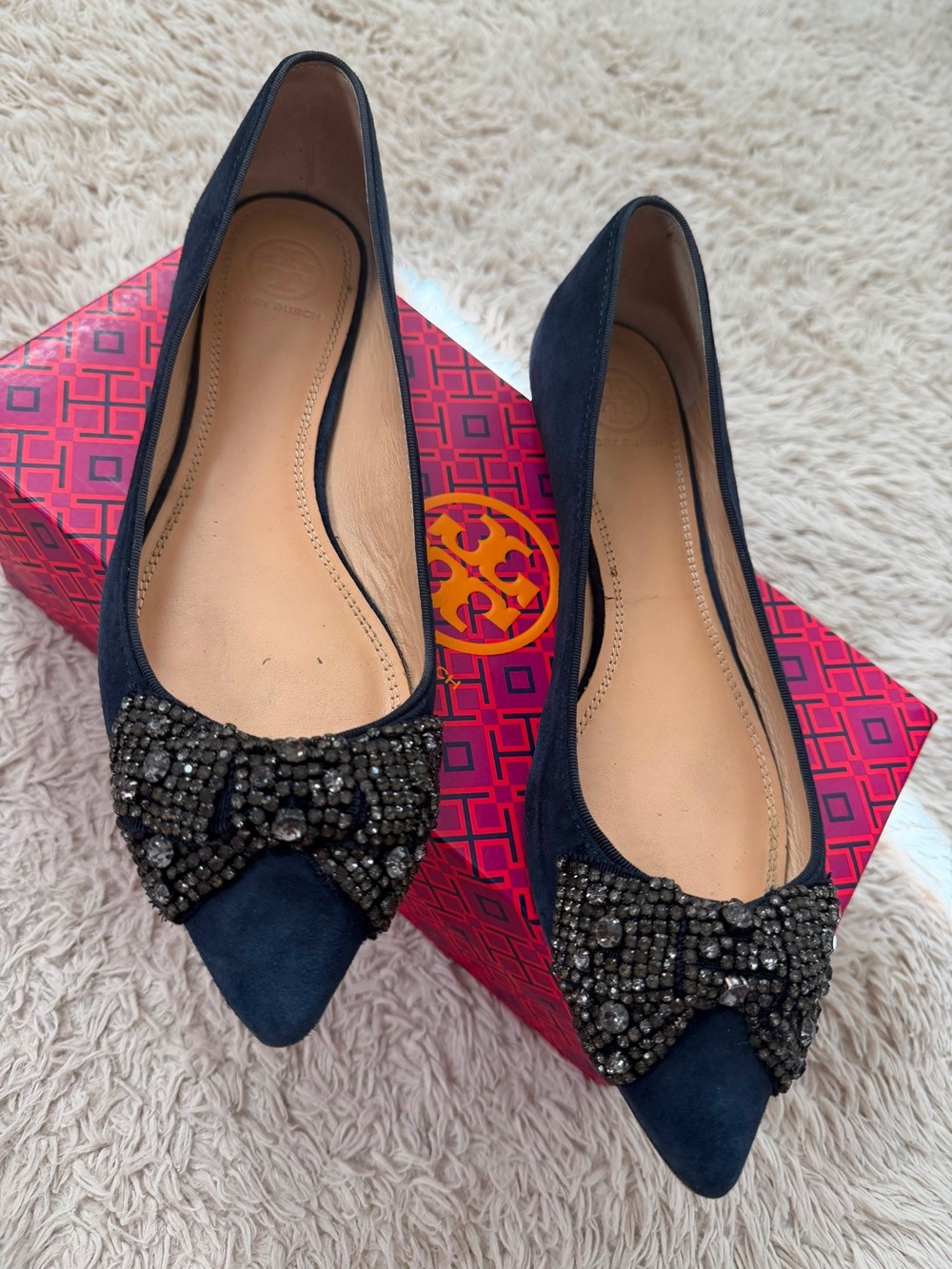 Tory Burch Navy Suede Pointed-Toe Flats with Beaded Bow
